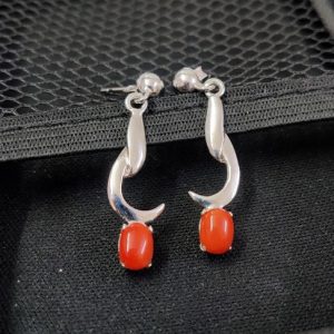 Natural Coral Earring Red Gemstone 925 Silver Dangle Gift Jewelry for Women
