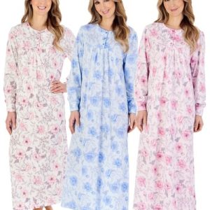 Slenderella Jersey Cotton Nightie 50″ Picot Trim Floral Long Sleeve Nightdress