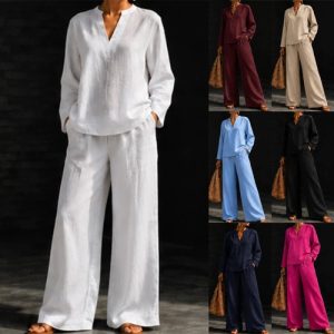 Womens Tracksuit Loose Long Sleeve V Neck Tops Pants Autumn 2PCS Set Lounge Wear