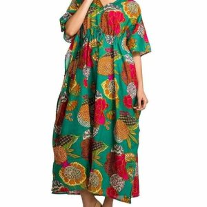 Cotton Kaftans Nightwear, Long Green Cotton Kaftan Dress, Gown Free Size, Fruit