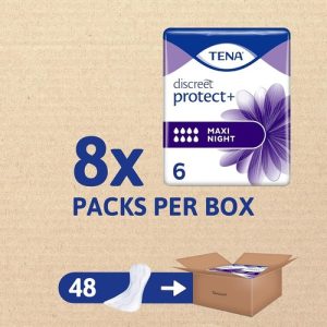 TENA Discreet Maxi Night Incontinence Pads for Women, 48 Count, Pack of 8