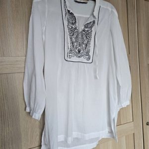 Zara Black White Embroidered Tunic Dress Kaftan Cover Up Top Cotton L Large