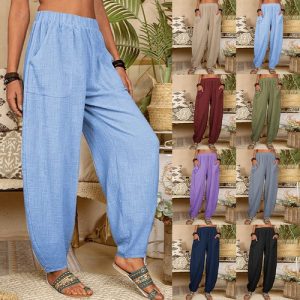 Plus Size Women Cotton Linen Harem Pants Elastic Waist Casual Trousers Homewear