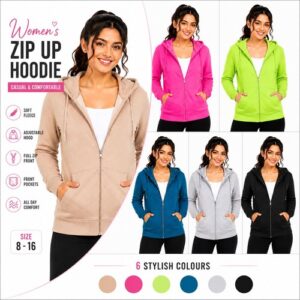Womens Full Zip Hoodie Fleece Hooded Sweatshirt Casual Jacket Top Sizes 8-16