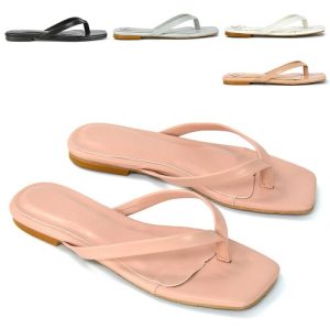 Womens Thong Strap Flat Sandals Ladies Square Toe Slip On Summer Flip Flops
