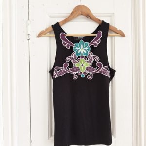 Morgan de Toi Vest Tank Top Black Jersey Floral Small UK 8 10 Vintage Y2K 2000s