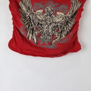 ​Y2K Red Tube Top Rhinestone Winged Cross Graphic Ruched Made in USA Size M