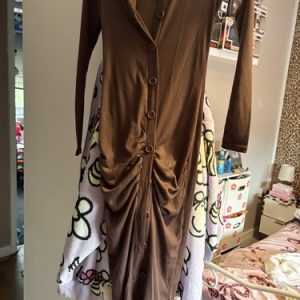 Fashion Phrase London Brown Ribbed Ruched Midi Shirt Dress Size S