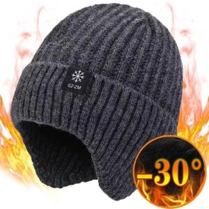 Mens Winter Knitted Peaked Cap Warm Faux Fur Lined Beanie Hat Ear Flaps Outdoor
