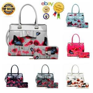New Women’s Poppy Butterfly Print Patent 2 In 1 Tote Hand Bag With Bow Detail