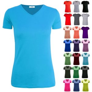 WOMENS LADIES CASUAL CAP SLEEVE PLAIN V NECK BASIC STRETCHY BAGGY JERSEY T SHIRT