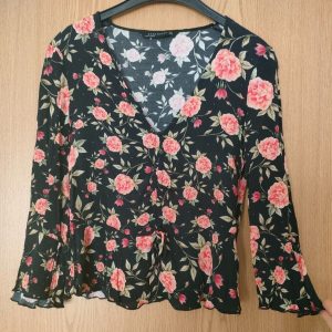Zara Top Size M Euro Ladies Black Floral Blouse 3/4 Sleeve Short Zara Woman Top