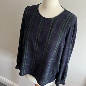 Zara Navy And Green Checked Long Sleeve Top Size L 10-12 Tartan Smart Officewear