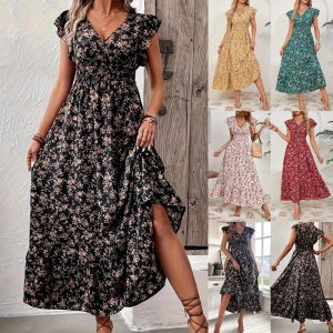 Women V Neck Floral Long Dress Summer Holiday Beach Party Maxi Dresses Size 6-18